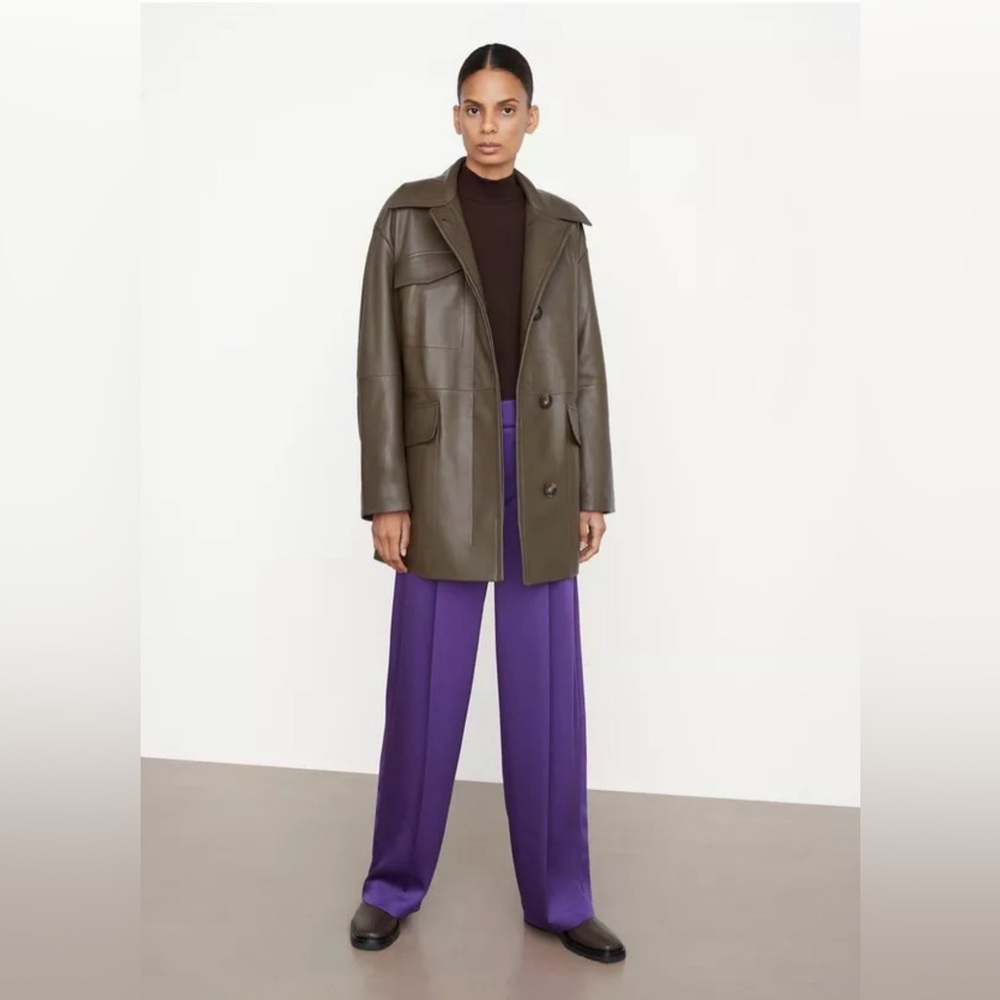 Vince Dark Brown Leather Coat with Flap Pockets